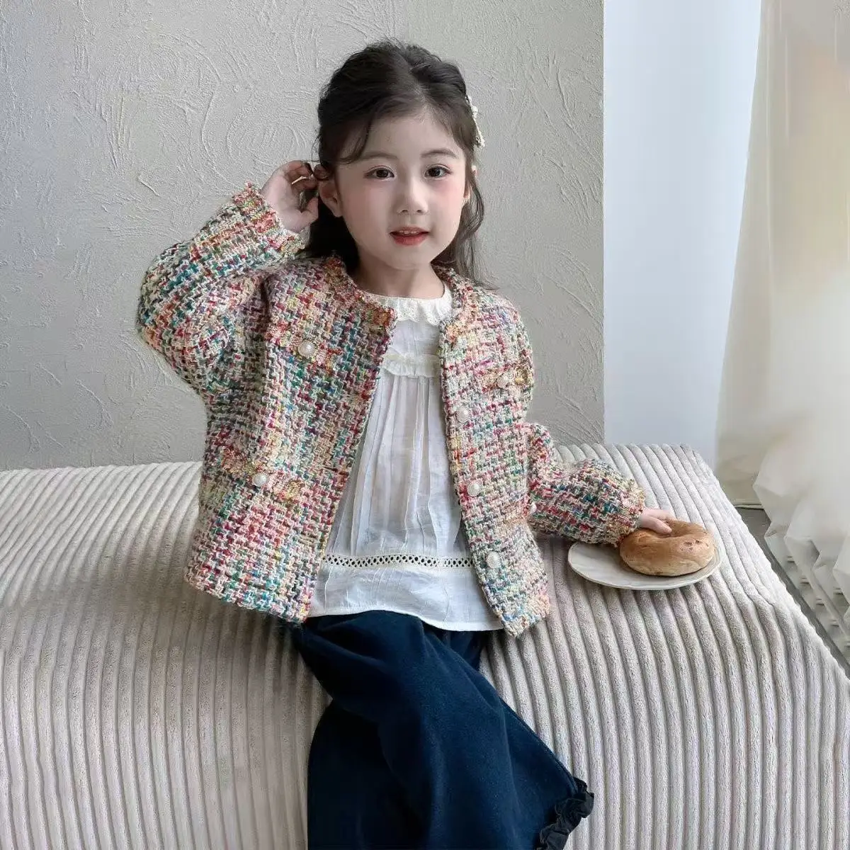 

2-7 Years Spring and Autumn Girls' Colorful Coarse Fleece Coat 2026 New Children's Contrast Small Suit Jacket 90-150cm