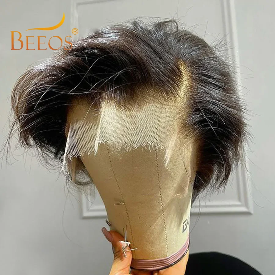 BEEOS-Perruque Lace Front Wig Brésilienne Naturelle, Cheveux Humains, Coupe Pixie, Pre-Plucked, 13x4, HD, Peau Fondue, pour Femme