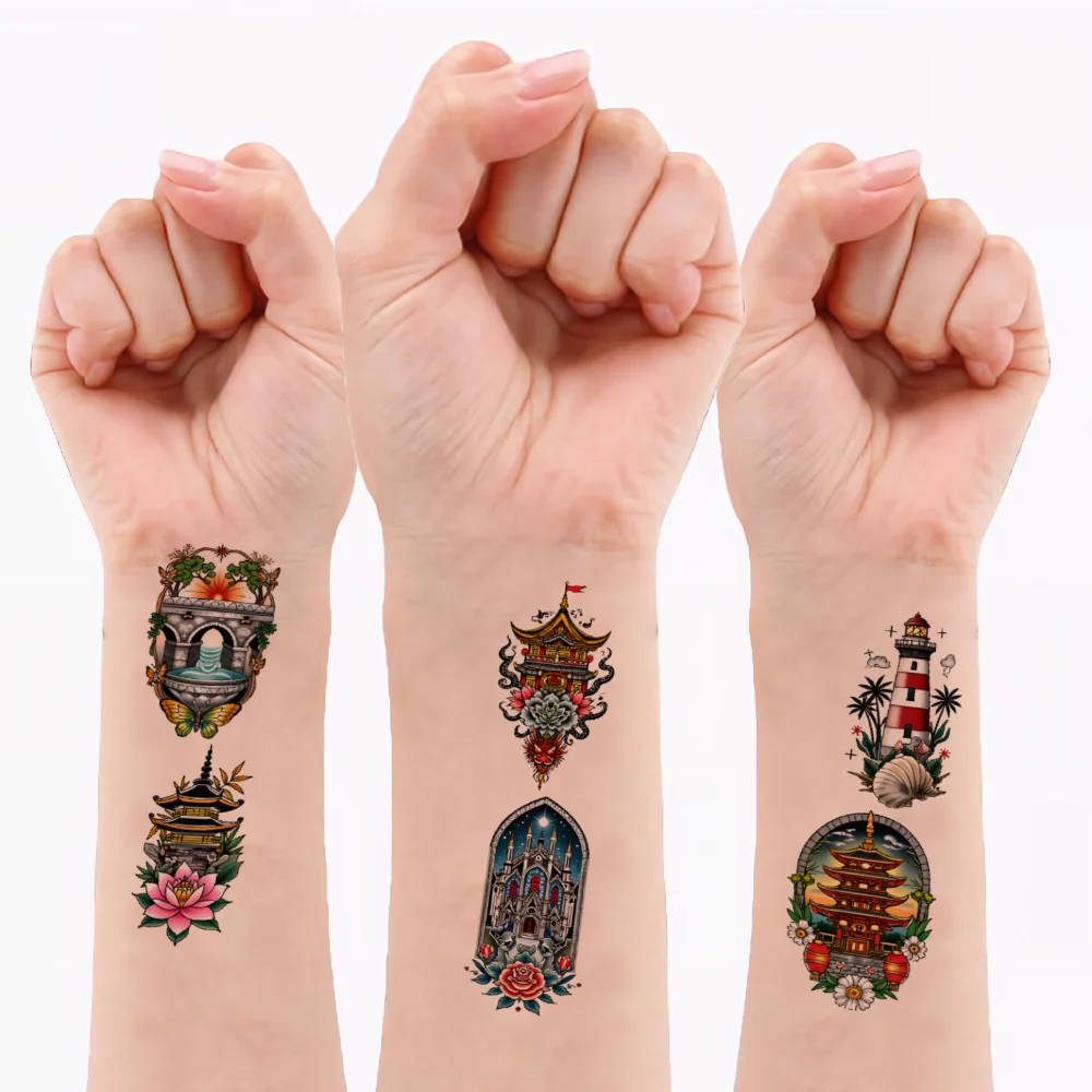 

28pcs Temporary Tattoo Igloo Temporary Tattoo Stickers Pagoda Castle Waterproof Long-lasting Body Stickers Cabin For Chest