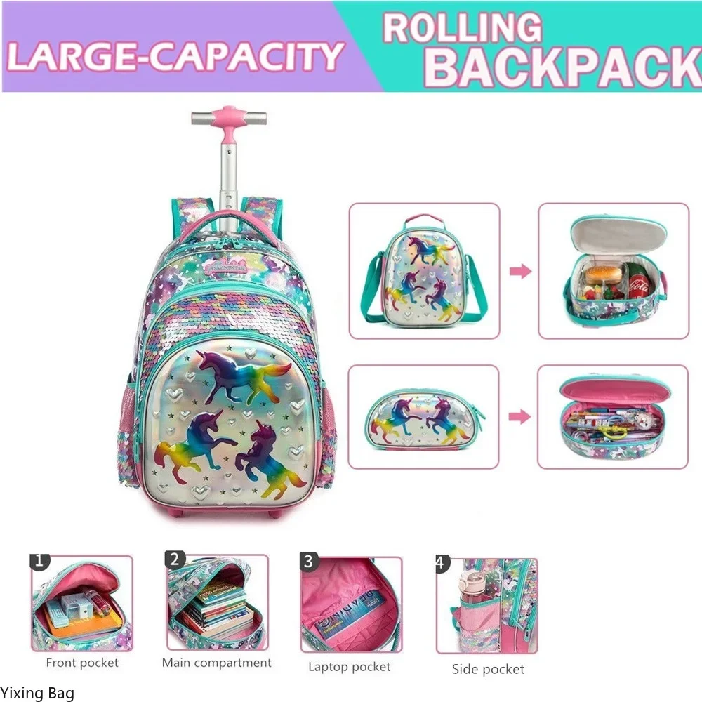 Children Backpack with Wheels School Bag Set Girls Elementary Student Sequin Backpack Travel Luggage Trolley Bags Dropshipping