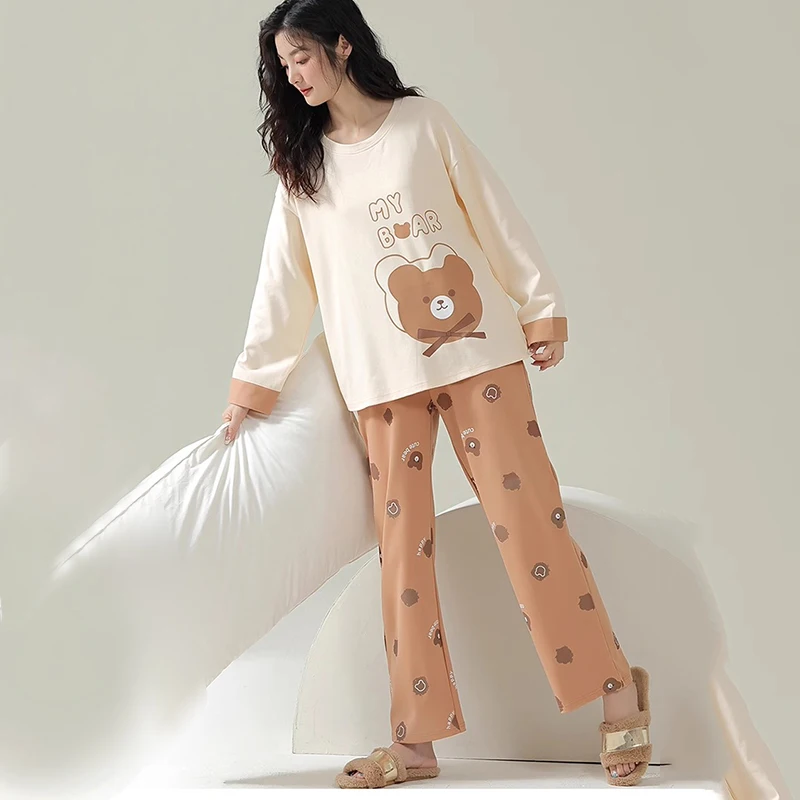 Pajamas Women Long-Sleeved Trousers Set Comfortable Simple Loose Cute Sweet Cartoon Bear Homewear Outside Sleepwear Girl Clothes