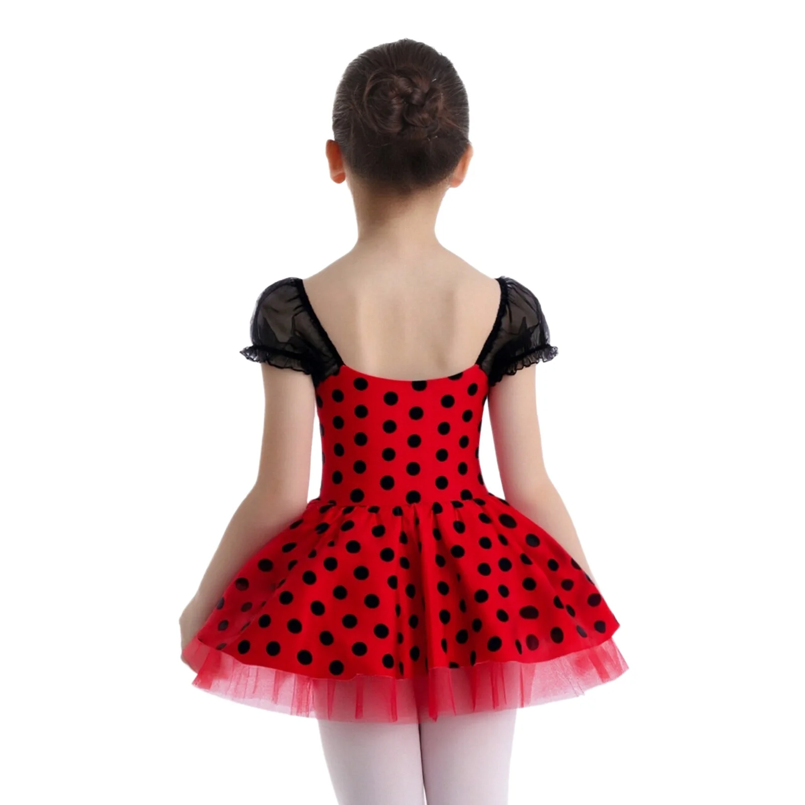 어린이 소녀 투투 발레 댄스 공연 의상 전문 댄스웨어 퍼프 슬리브 도트 프린트 튤 드레스 내장 팬티 포함
