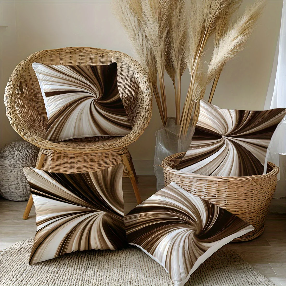

Modern Brown Abstract Vortex Minimalist Pattern Pillow Covers Sofa Chair Decoration Peach Skin Fabric Single Sided Decor Art