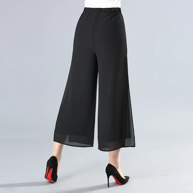 Summer women's double layered chiffon wide leg pants high waisted loose pants skirt women's 2024 long pants women's Plus Size