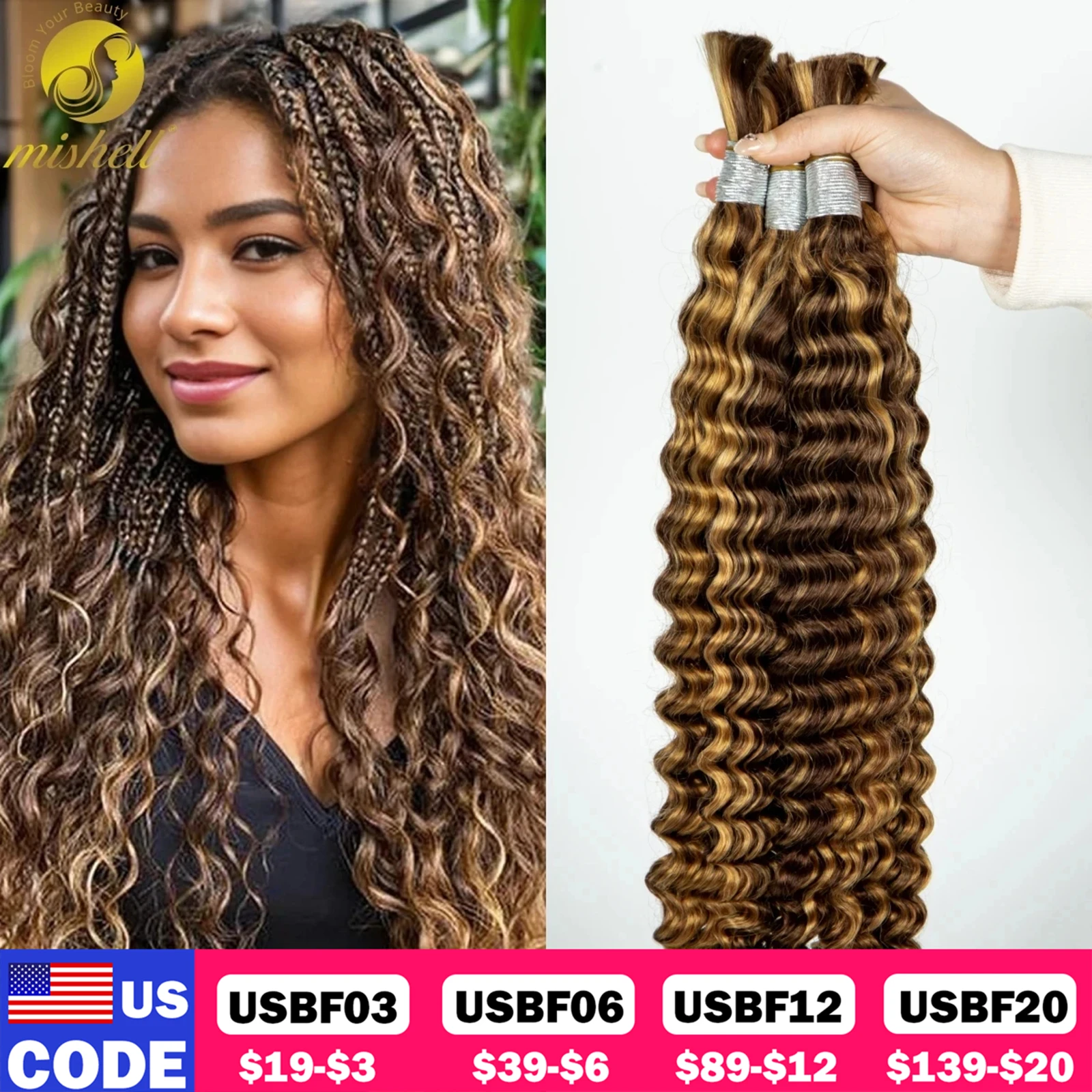 26 28 Inches Deep Wave Highlight Ombre Bulk Human Hair For Braiding No Weft 100% Virgin Hair Curly Extensions For Boho Braids