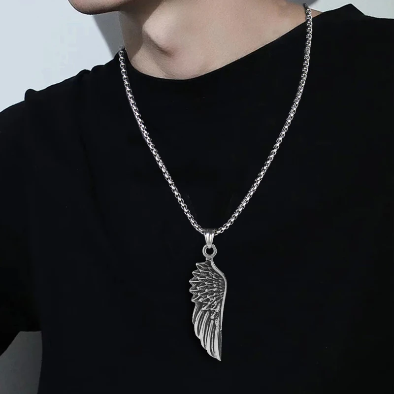Retro Feather Wings Pendant Necklace For Men Women Hip Hop Style Silver Color Stainless Steel Neck Chain Fashion Jewelry Gifts