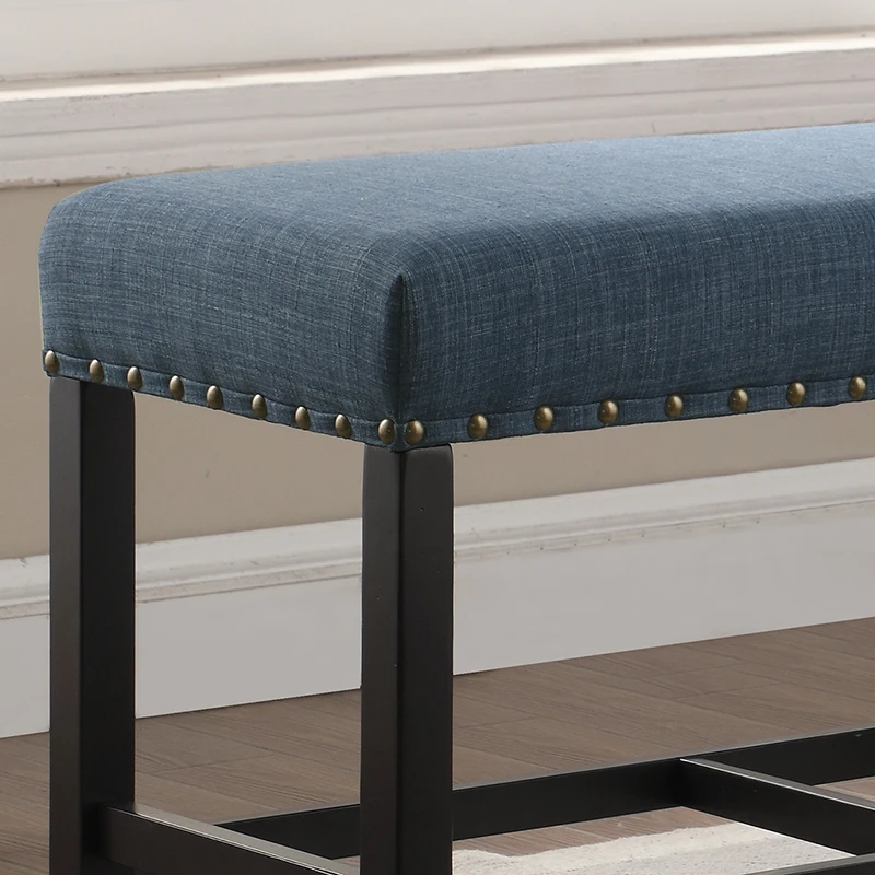 Biony Fabric Counter Height Dining Bench Wooden Base Comfort Seat Kitchen Diningwith Nailhead Trim, Blue On-Site