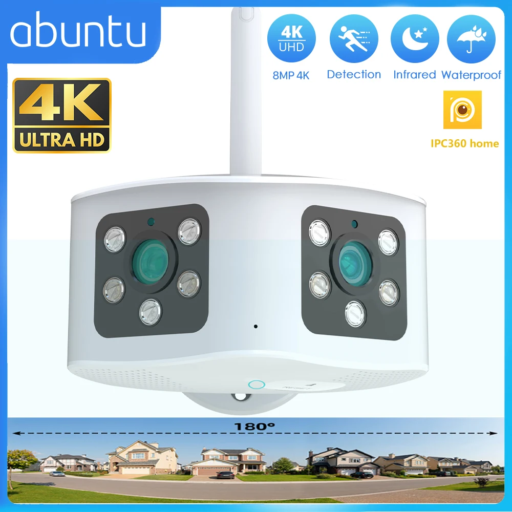 4K 8MP 실외 180 ° 초광각 파노라마 와이파이 카메라, 듀얼 렌즈 IP 카메라, AI 사람 탐지 6MP CCTV 보안 카메라 