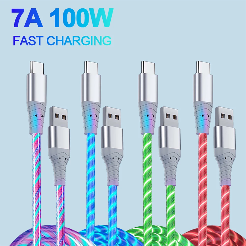 7A Glowing Cable Micro USB Type C Cable 100W Super Fast Charging For Huawei Mate 60 USB C Data Cord 3A For IPhone 15 Pro Xiaomi