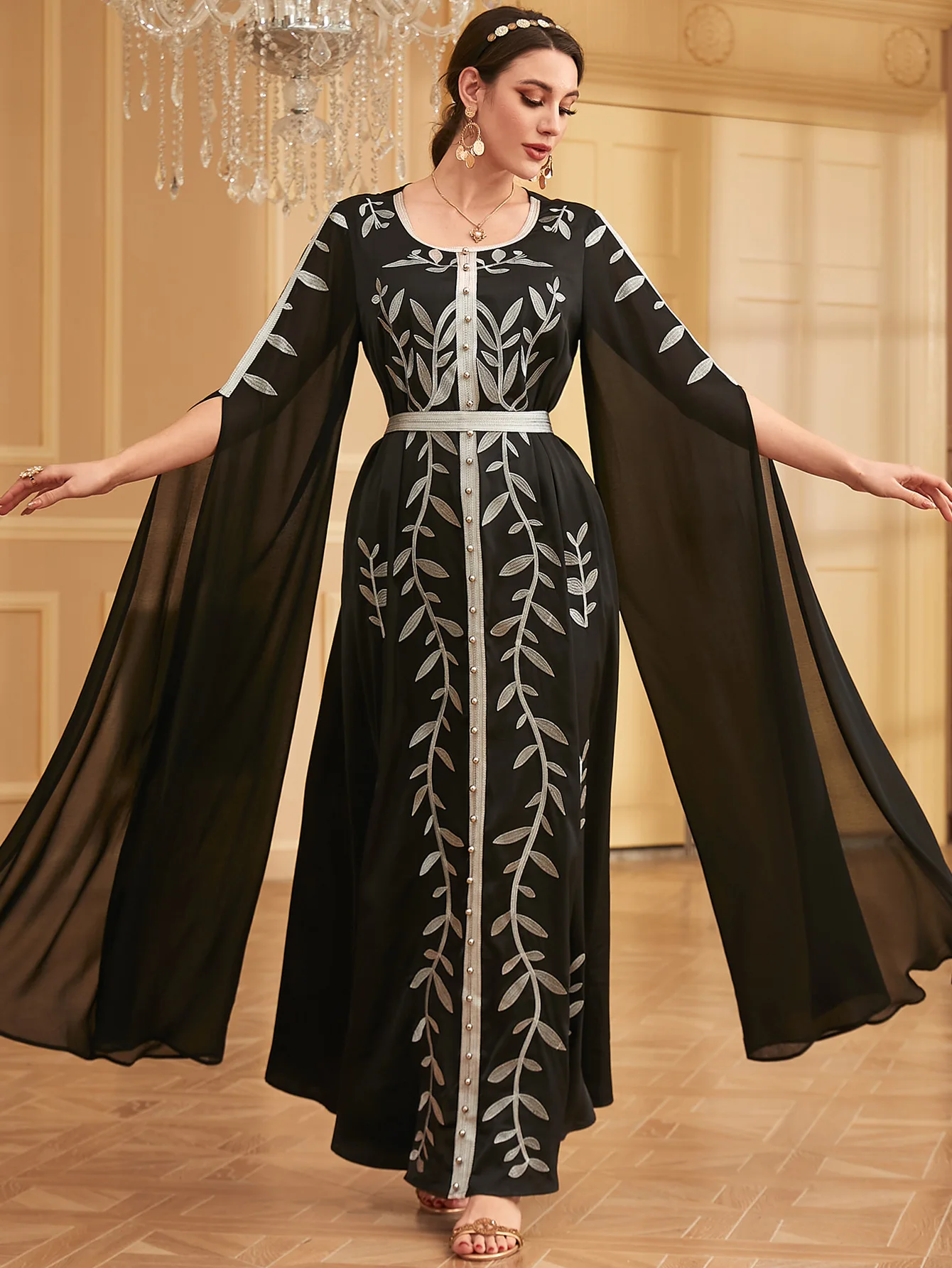 Djellaba Marocain Muslim Dress Eid Bead Embroidery Belted Kaftan Ramadan Gown Abayas Islamic Turkish Women Jalabiya Dubai Abaya