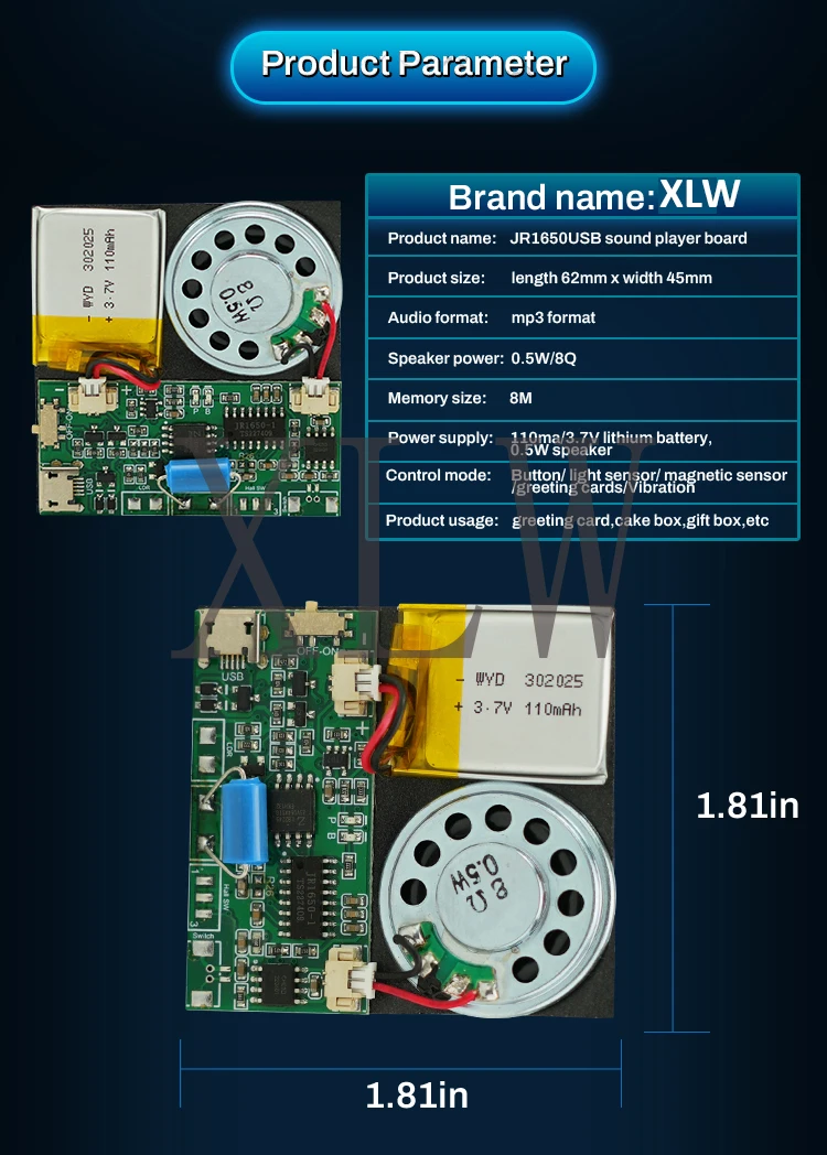 8MB Vibration Activate Mode MP3 Music Player IC PCB Sound Module, USB Downloadable&Recordable Voice Chip for Xmas Greeting Gifts