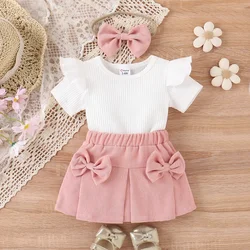 PatPat 3pcs Baby Girl 95% Cotton Ribbed Ruffle Short-sleeve Tee and Bow Front Skirt & Headband Set Basic Style