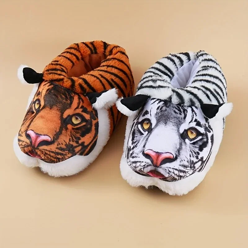 Funny Tiger Head Plush Slippers Unisex Winter Warm Furry Lined Anti Slip Thick Sole Indoor Home Footwear Soft House Men Slides