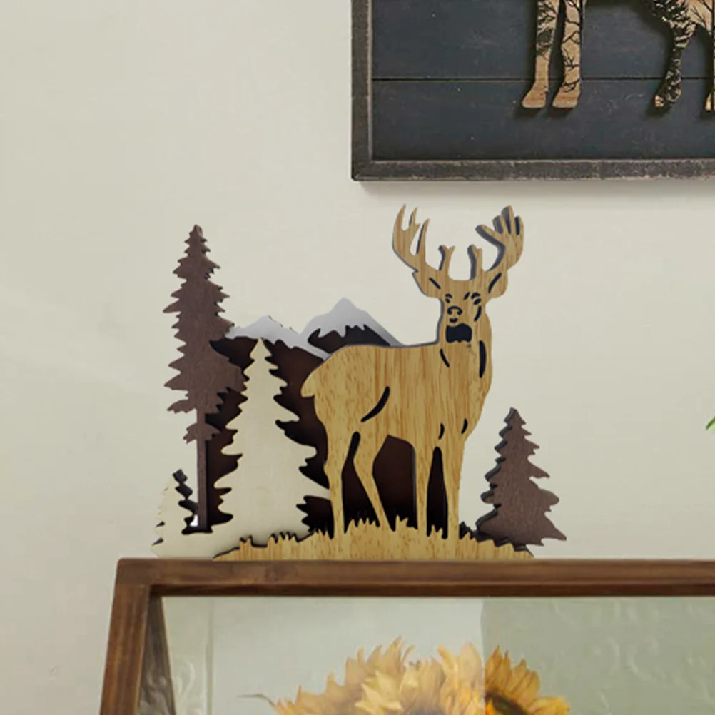 

Animal Decor Wood Elk Sculpture Desktop Deer Decorate Ornament Adornment Carved Wooden Tabletop Multilayer