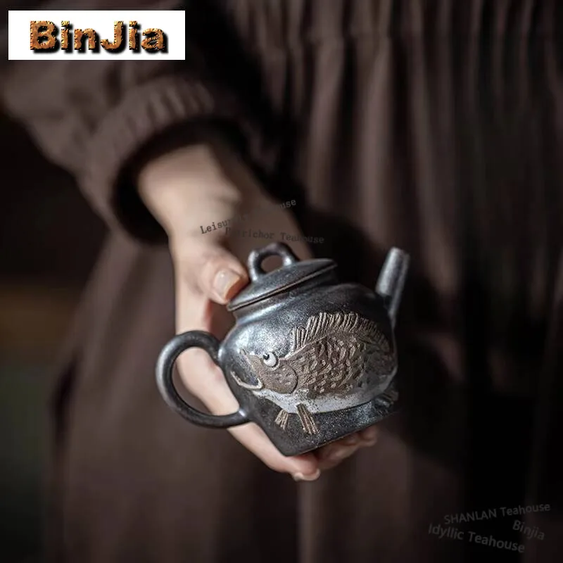 80ML Zhiye Firewood Burns Rich Fish Teapot Handmade Rock Minerals Pot Tea Soaking Kettle Customized Teaware Supplies Collection