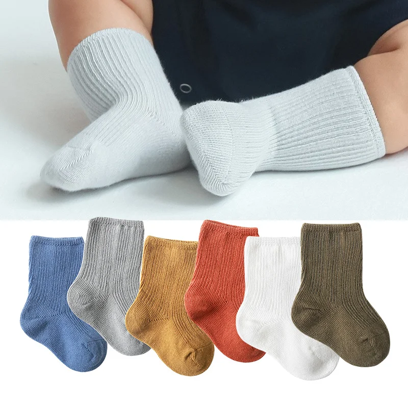 3Pairs Spring Autumn Baby Socks Infant Cotton Solid Color Soft Comfortable Japanese Korean Style Mid-Calf Socks For Daily Life