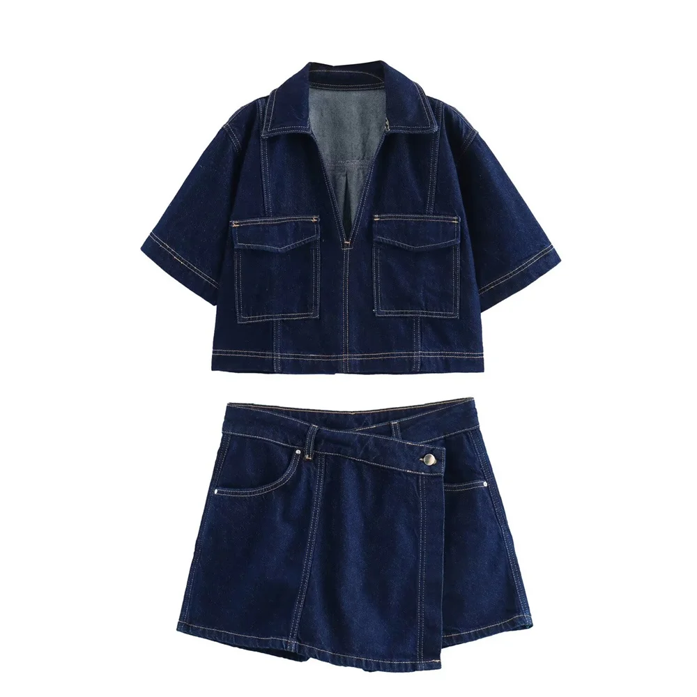 European And American Style 2024 Summer Women\'s Clothing New Fashion Short Denim Shirt Double Breasted Denim Skirt Pants Set