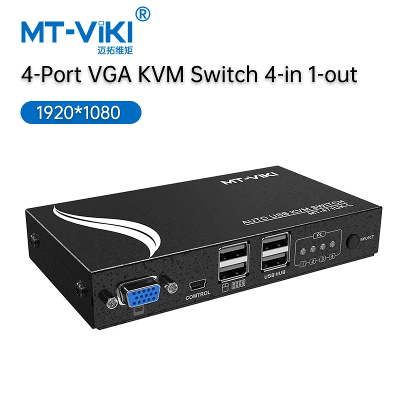 MT-Viki 4 Port Auto USB KVM Switch Hotkey Select with Original Cables Metal Casing Resolution PC Manage Send cable MT-471UK-L