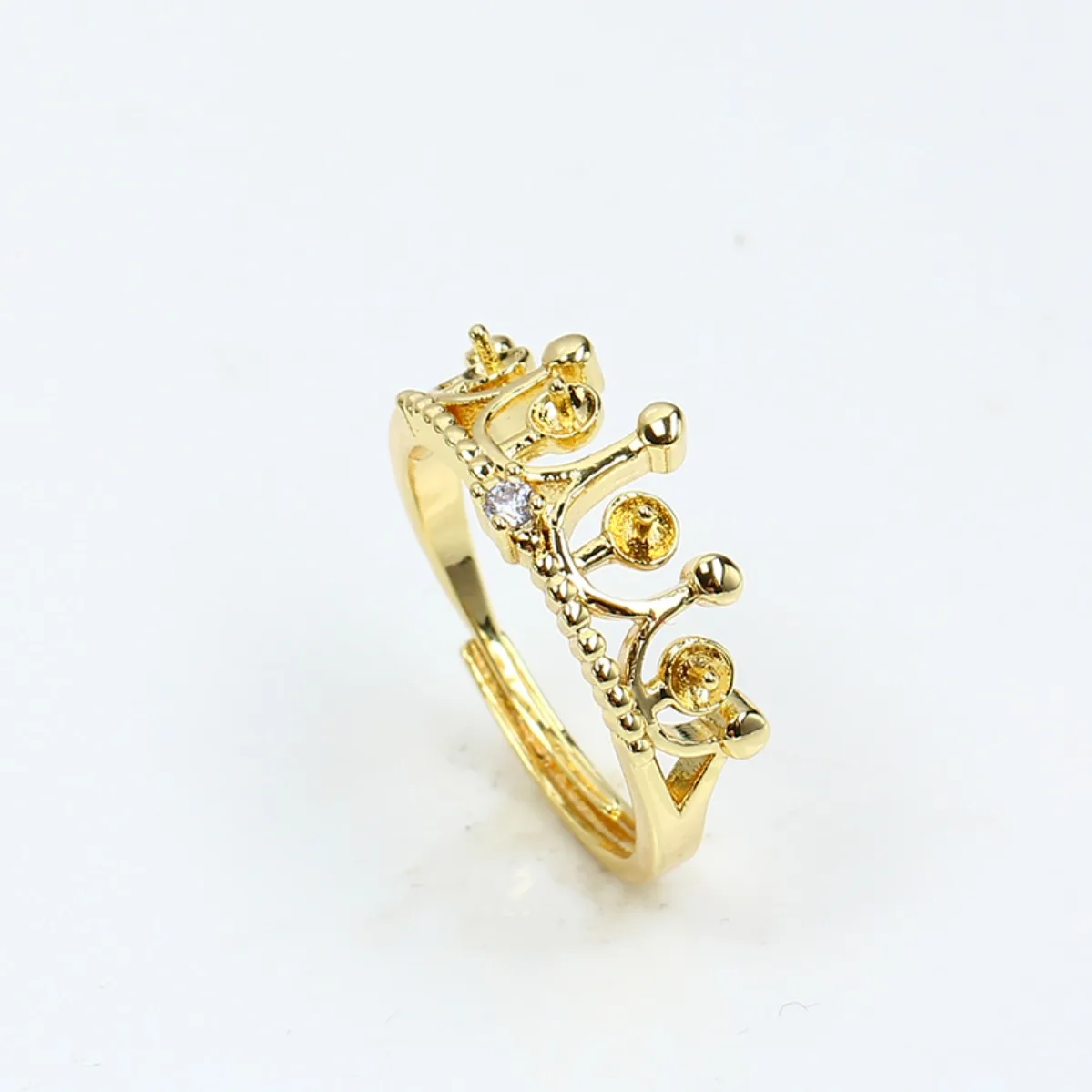Brass 14K Gold Crown CZ Adjustable Open Ring Bezel Blank DIY Findings For Pearl Ring Handmade Jewelry Making Accessories