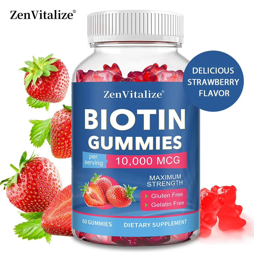 

Биотин 10 000 мкг жевательных конфет для женщин и мужчин — 2 биотина сверхпрочности для кожи и ногтей — веганский, без ГМО, 60 шт.