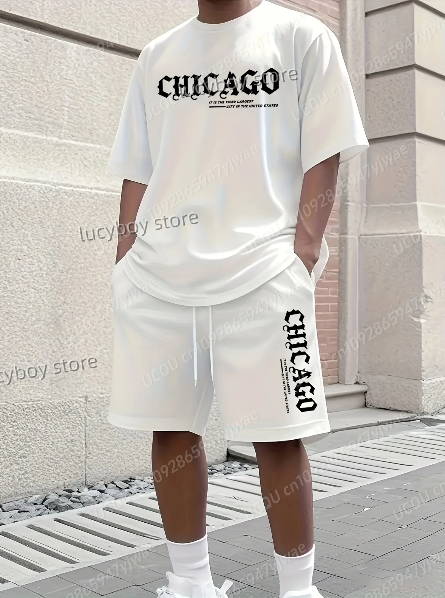 

Summer Letters CHICAGO Printed Men's Suit 2 Pieces Set Casual Suit Sport Wear T-Shirt Set Men SportsTracksuit Plus Size Clothes