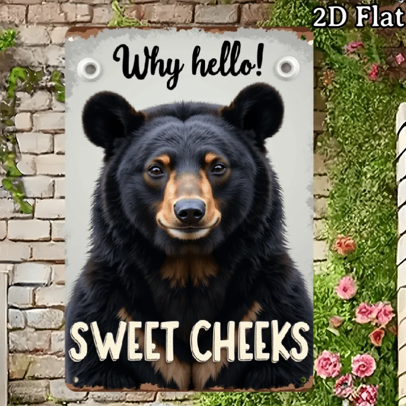 “WhyHello Sweet Cheeks”Black Bear Metal Sign - Wall Decoration，Suitable for Families、Office、Kitchen、Bar