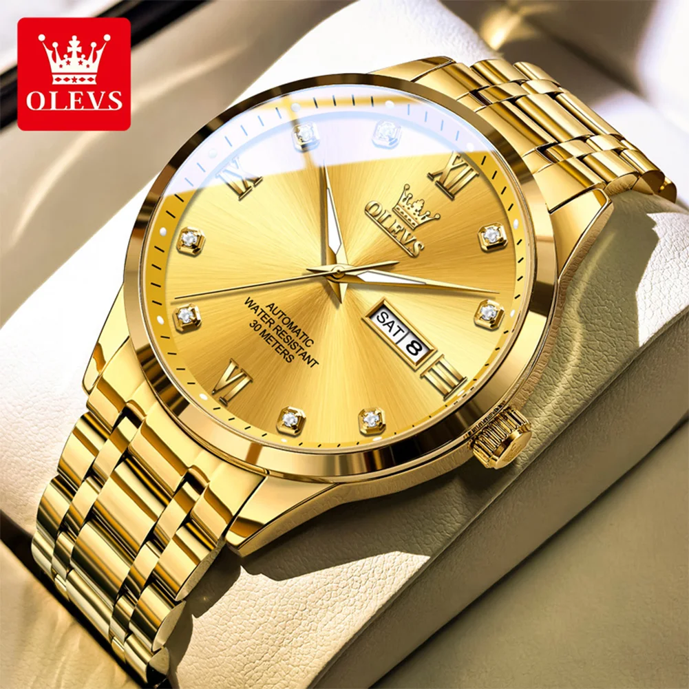 

OLEVS мужские часы лучший бренд класса люкс золотые механические часы для мужчин из нержавеющей стали неделя дата модные автоматические наручные часы с бриллиантами