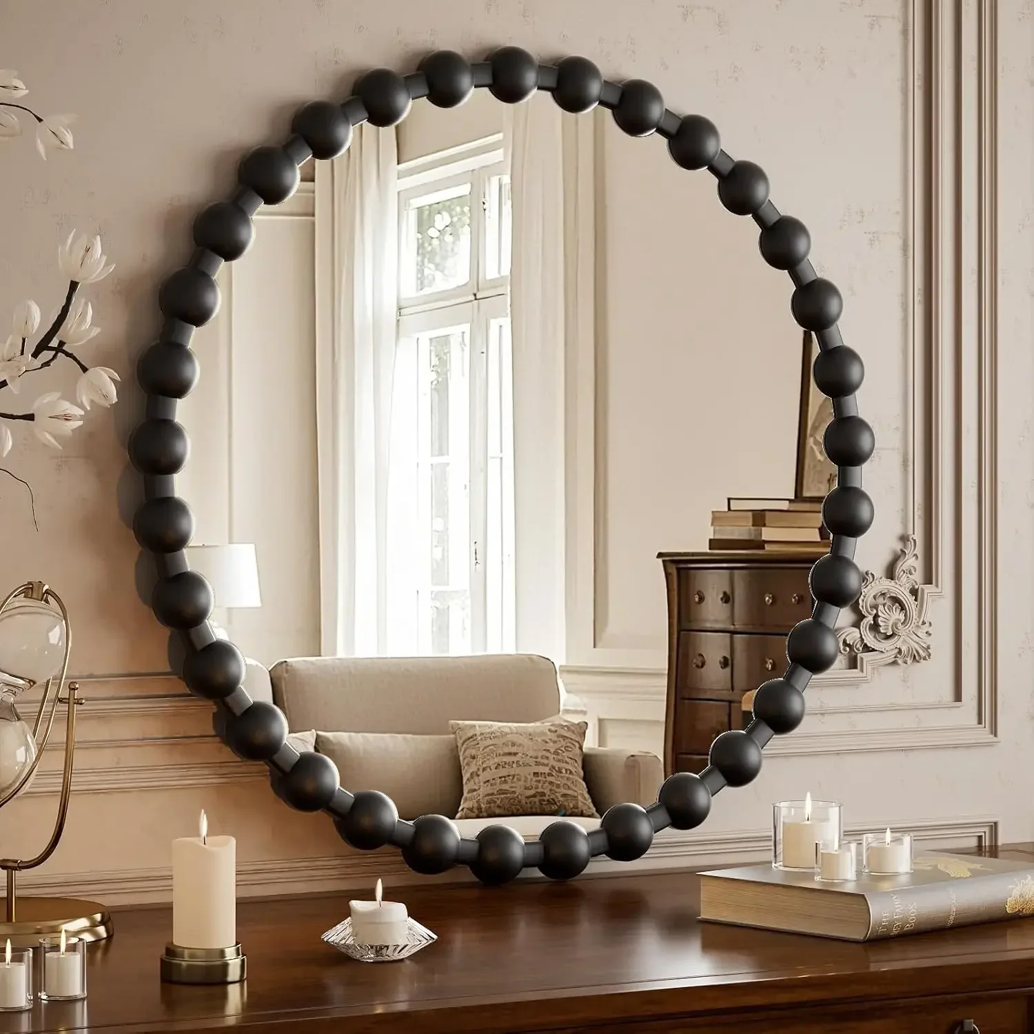 

Круглое настенное зеркало, 28 дюймов, с черной рамкой с бусинами, декоративное зеркало для ванной комнаты, круглое зеркало для ванной с линзой высокой четкости, M