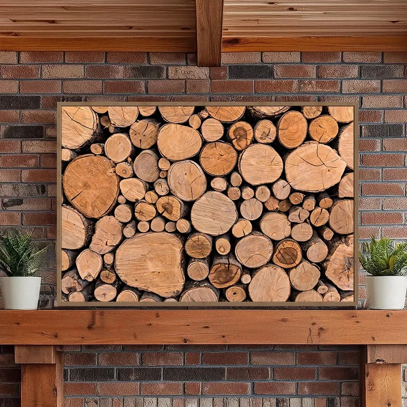 Log Pile Stacked Timber Tree Ring Poster Print Canvas Painting Wood Trunk Cross Wall Art Picture for Rustic Farmhouse Home De