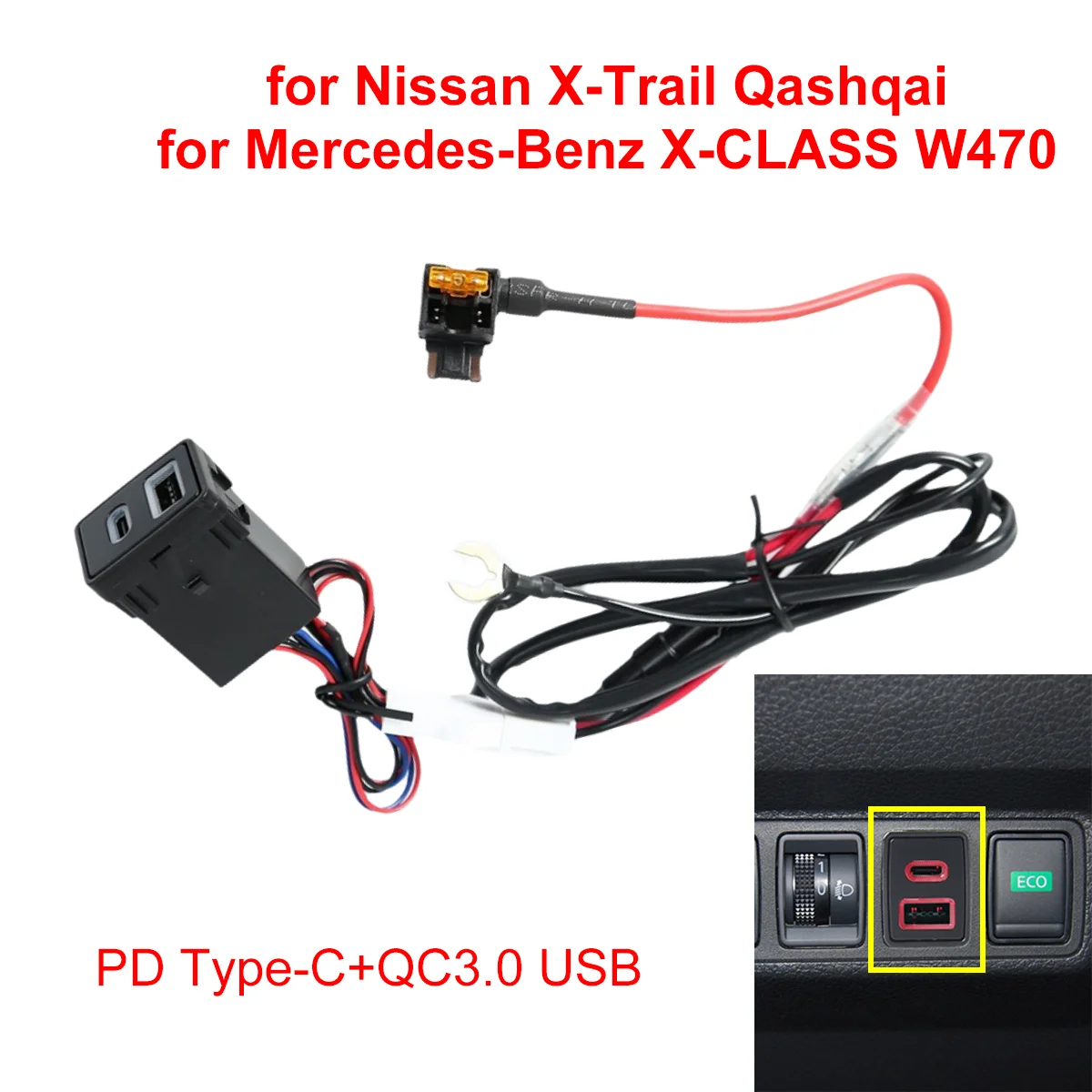 24mmx31mm QC3.0 USB+PD Type-C Car Charger Socket Outlet Power Adapter for Nissan X-Trail Qashqai for Mercedes-Benz X-CLASS W470