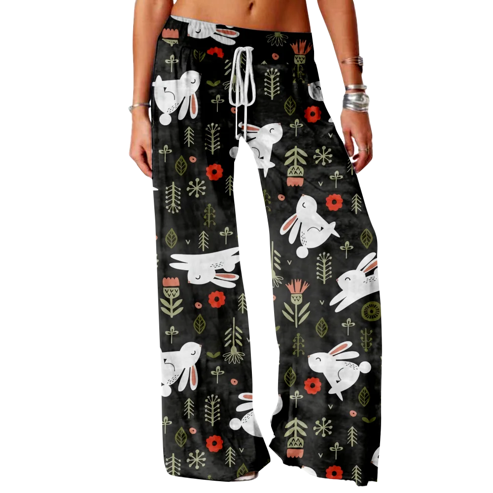 Spring Summer Rabbit Print Wide Leg Pants Women Street Pants Daily Elastic Trousers Soft Girl Cute Sport Student Loose Trouser