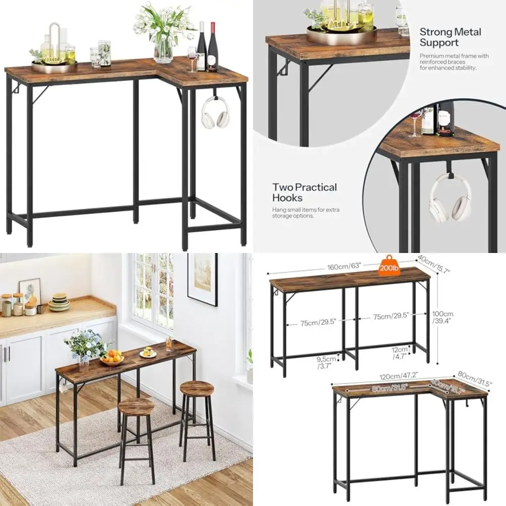 

HOOBRO L-Shaped Desk, 63 Long Narrow Bar Table, Rectangular or L-Shaped Counter Height Bar Table, Vintage Industrial Style, for