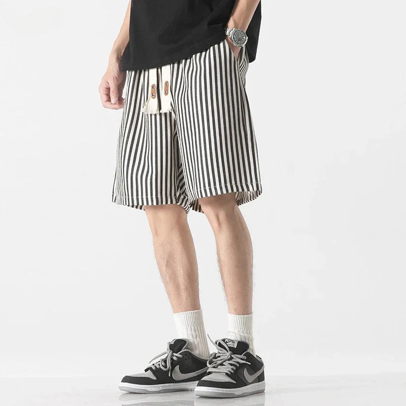 Korean Simplicity Summer Casual Shorts Men's Striped Elastic Waist Drawstring Pockets Youthful Vitality Loose Knee Length Pants