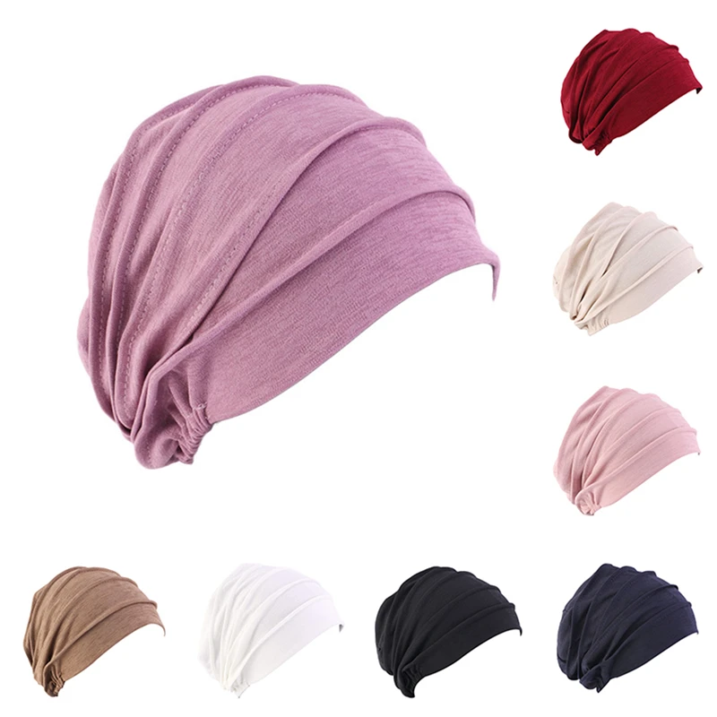 Gorro turbante de algodón elástico de Color sólido para mujer, pañuelo cálido para la cabeza para invierno, gorro Hijab interior, Hijab musulmán para mujer, envoltura para la cabeza