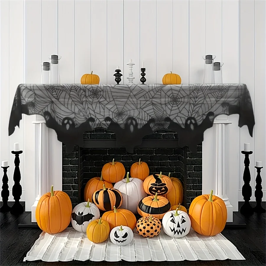 1pc Halloween Black Lace Table Runner Suitable for Fireplace Mantel Decor,Sheer Gothic Spiderweb with Lace Cover,Fireplace Cloth
