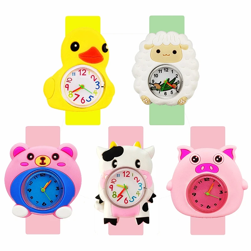 Baby Watch 3D Cartoon Duck, Sheep, Pig, Cow Kids Slap Watches Birthday Gift Girl Boy Children Study Time Toy Clock