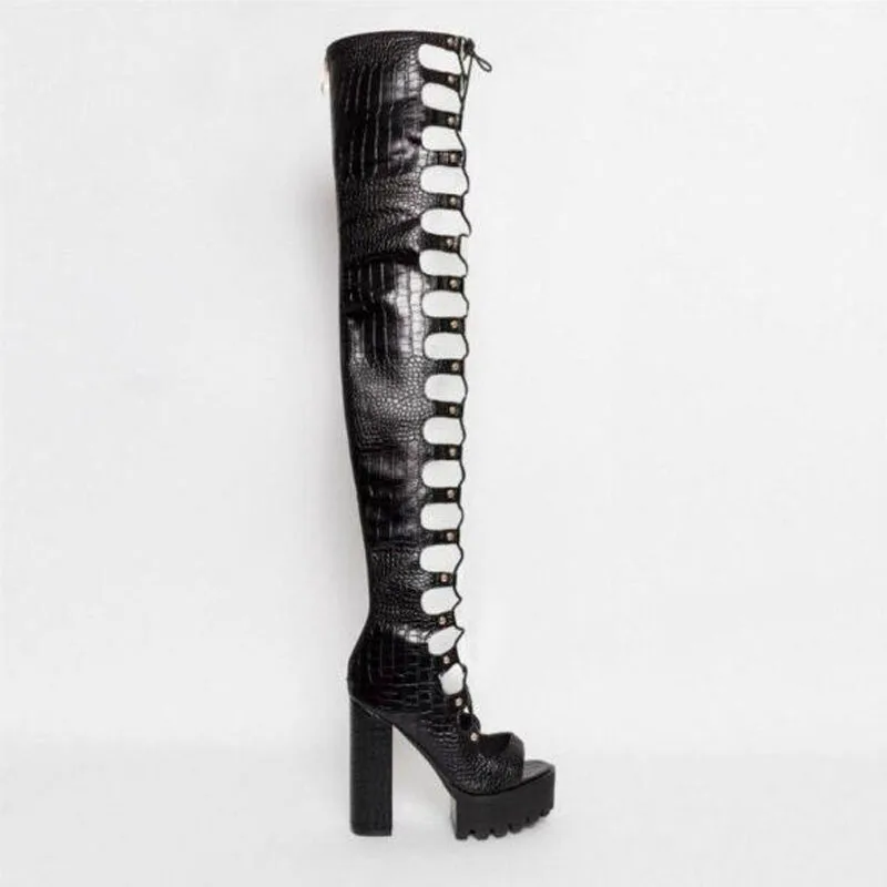 Sexy Woman Black Snakeskin Leather Peep Toe Cross Tied Lace Up Block Heel Over The Knee Sandals Boots Gladiator Thigh Long Boots