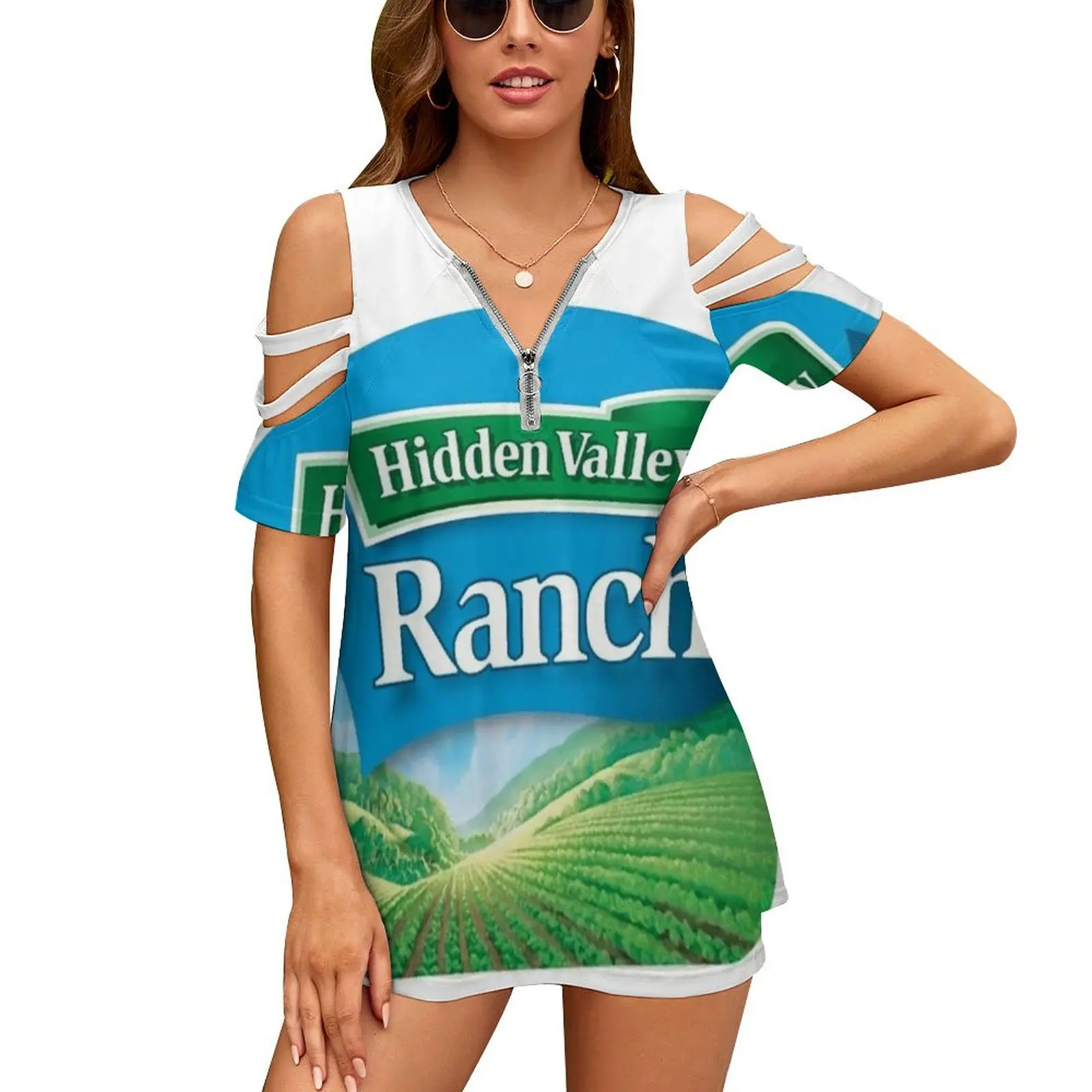 Hidden Valley Ranch New Fashion Zip Off Shoulder Top Short-Sleeve Women Shirt Hidden Valley Ranch Dressing Food Meme