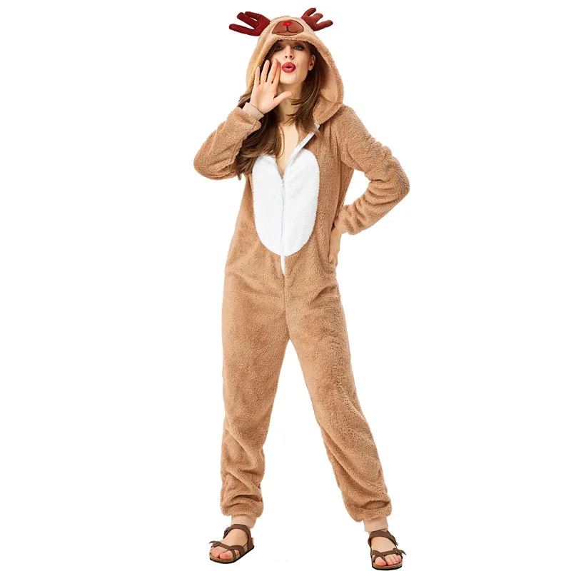 Niedliches Rentier Tier Eltern-Kind Kostüm Weihnachten Elch Cosplay Kapuzen overall für Frauen & Mädchen Korallen Fleece Khaki Nachtwäsche