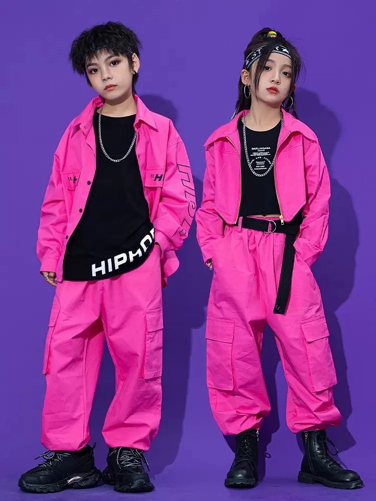 Pink Hip Hop Dance Clothes For Kids Kpop Costume Tooling Coat Cargo Pants Girls Concert Group Hiphop Performance Outfit BL9485