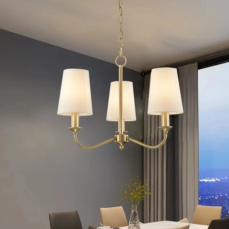 Vintage Chandelier White Tapered Fabric Shades Gold Farmhouse Pendant Lamp Classic Dining Room Living Room Ceiling Lighting