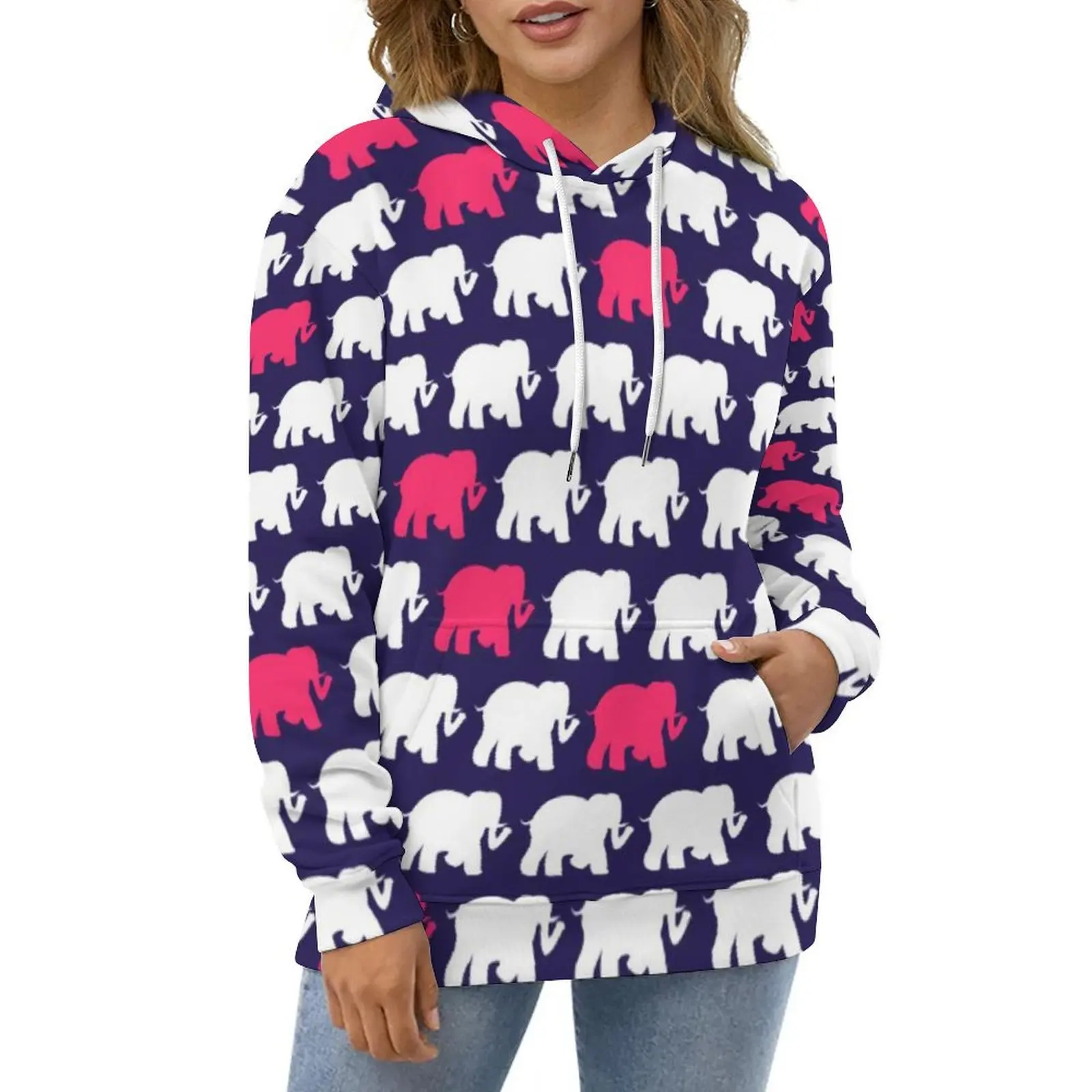 Elephant Art Hoodies Blue and Pink Elephants Design Street Style Casual Hoodie Long Sleeve Hooded Sweatshirts Birthday Present