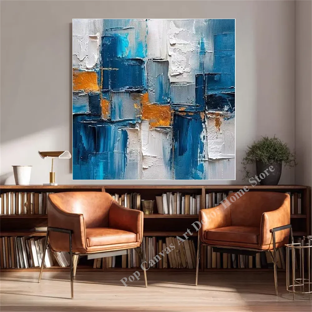 

Hand-Painted Thick Impasto Blue Gold Color Block Oil Painting Canvas Wall Art Abstract Textured Modern Home Decor Living Room