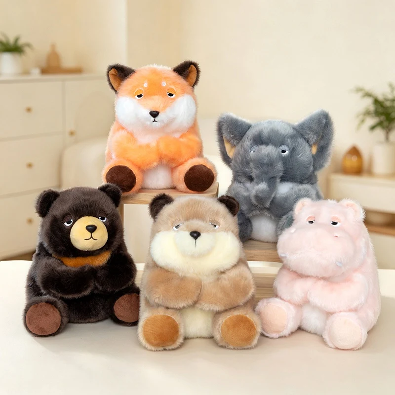 Cute Sitting Serious Expression Animals Plush Toy Fox Bear Elephant Hippo Stuffed Home Office Tablemate Doll Birthday Gift