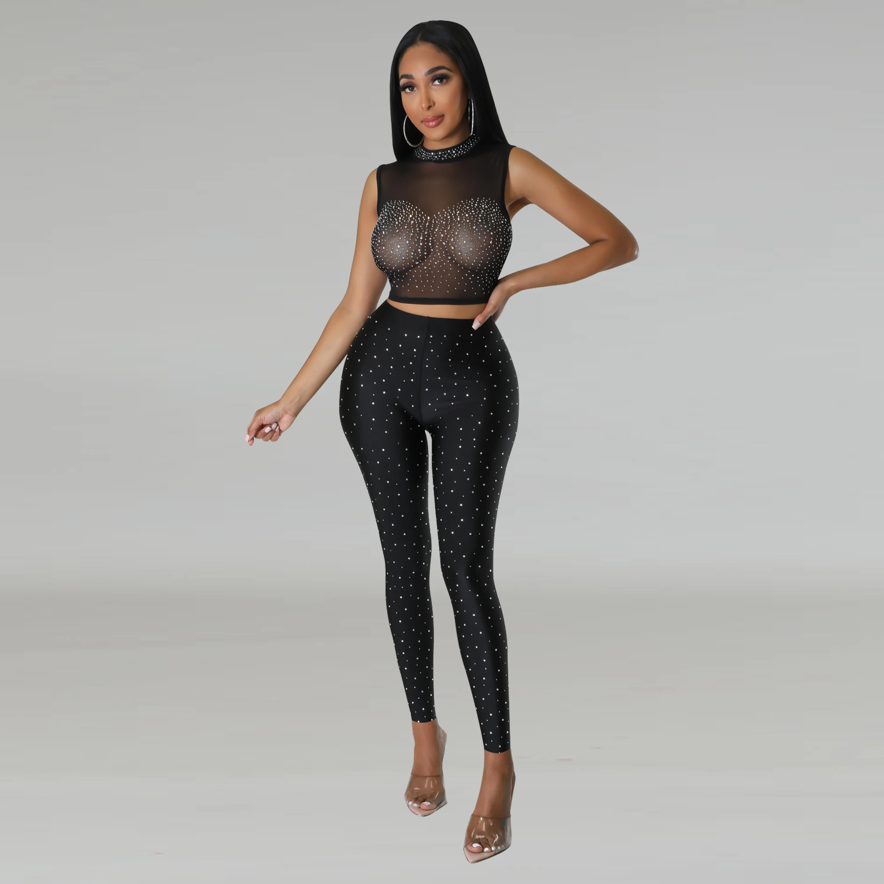 Ladies' sexy perspective mesh pants set with sleeveless diamond studded explosive nightclub women's two-piece set