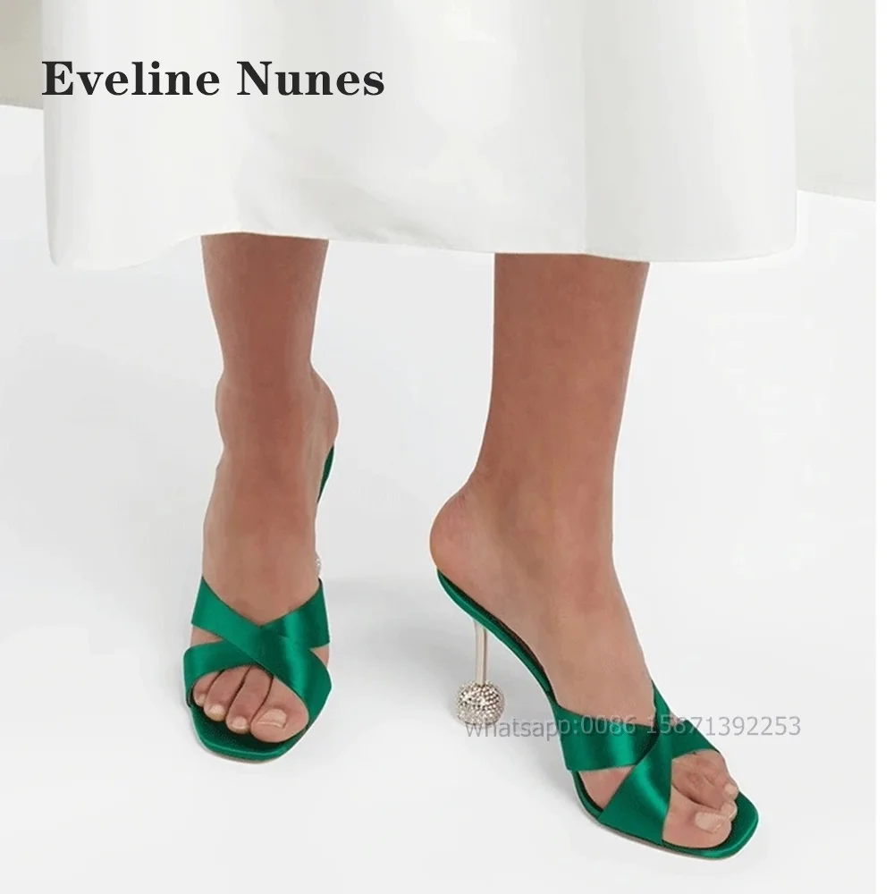 

Rhinestone Strange Style Green Slides Open Toe Side Air Slingback Hollow Women Sandals Sheepskin Slip On Elegant Heels Banquet