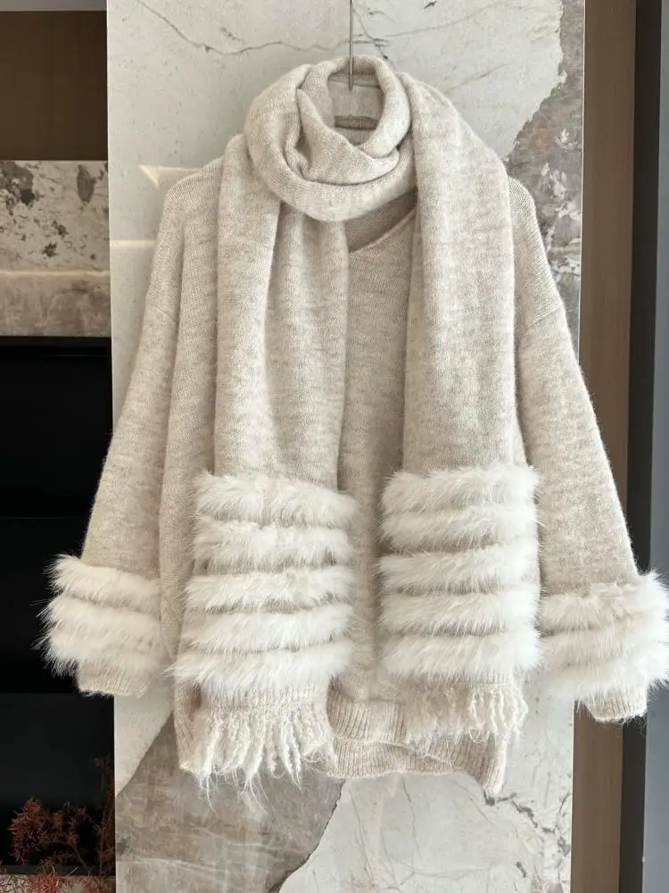 

Korean Autumn Winter Grey Beige V Neck Long Sleeved Hairy Sweater For Women Holiday Warm Short Knitted Scarf Tops Popular Trendy