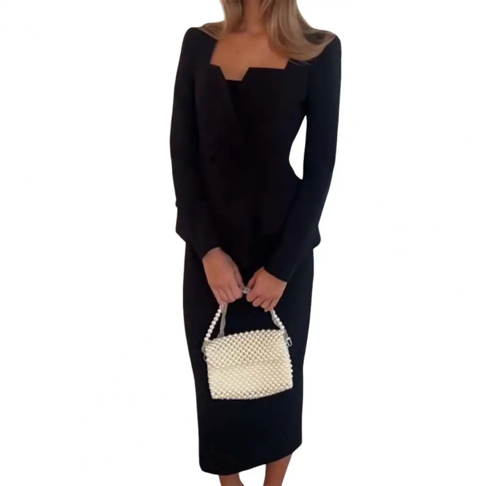 

Women Coat Skirt Suit Elegant for Business Office Outfit with Square Neck Double-breasted Design Slim Clothing
