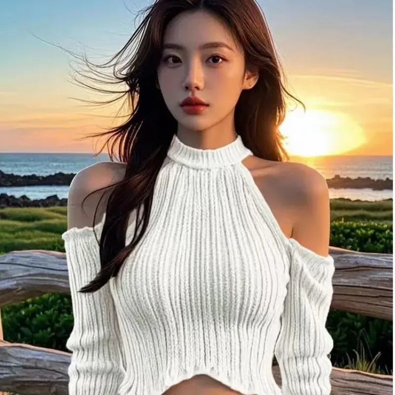Women's Autumn Winter Tops Sweater Shoulder Knit Commuter Pure Color Design Retro Niche Thin Fashion Brand Simple Advanced Soft 4