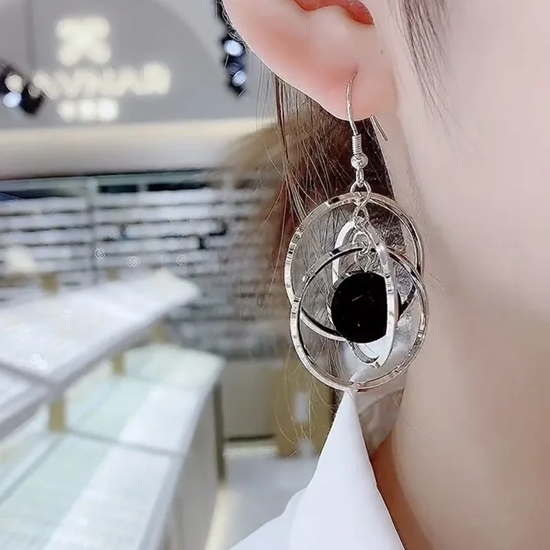 New Circle Stacked Black Crystal Dangle Earrings for Women Personality Fashion Matching Accessories Party Jewelry Birthday Gifts